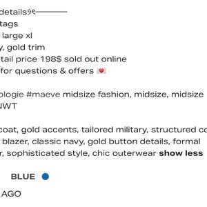 Anthropologie Blue Pea Coat with Gold Accents